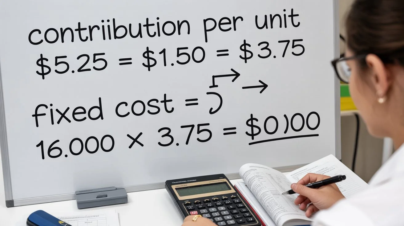 Contribution per unit calculation showing selling price minus variable cost for business budgeting analysis.
