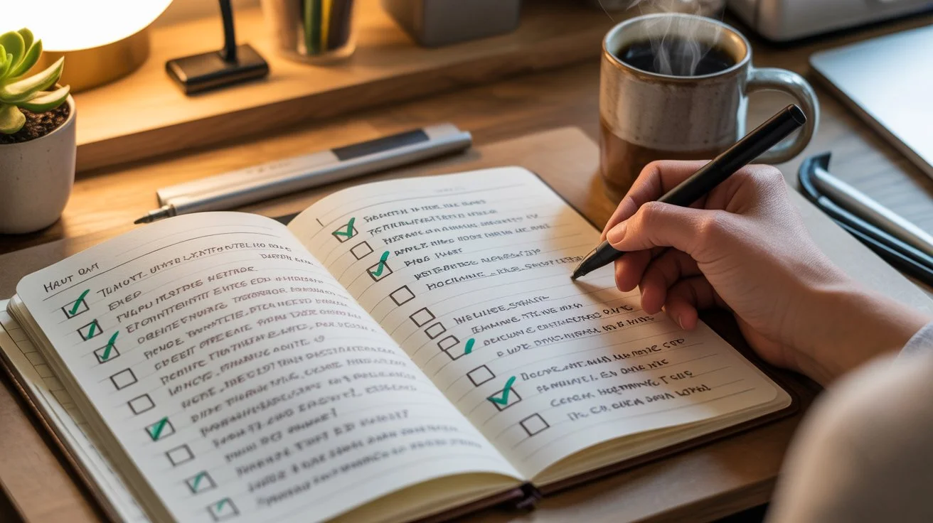 Open diary showing daily habits with check marks, illustrating "Daily Habits That Drive Results.