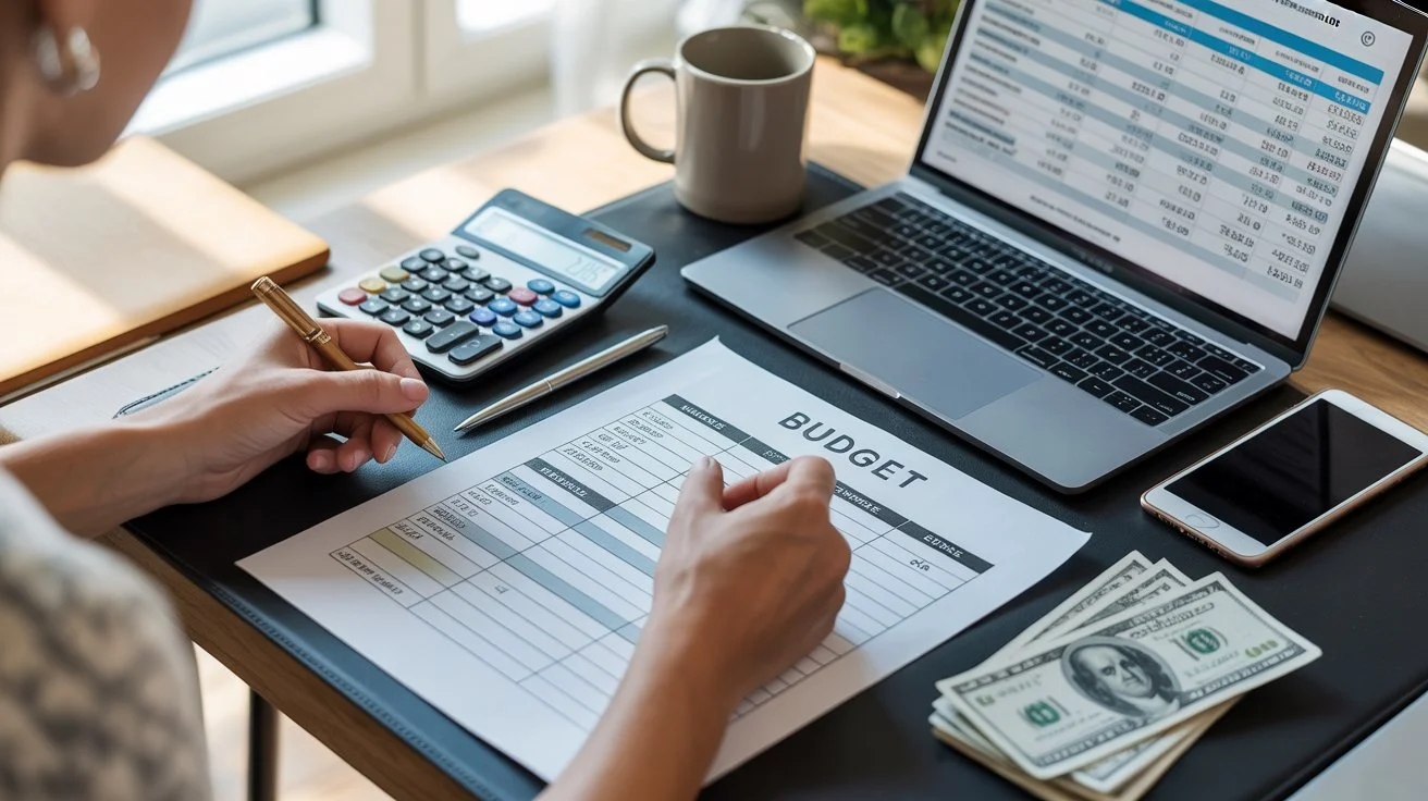 Calculating monthly income based on budgeted expenses using a calculator, budget worksheet, and financial spreadsheet.