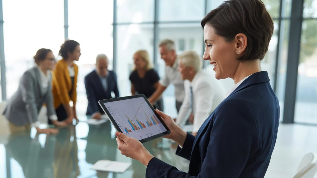Woman standing near a table holding a tablet displaying a graph, illustrating the concept of "Vision – The Blueprint of Your Future.