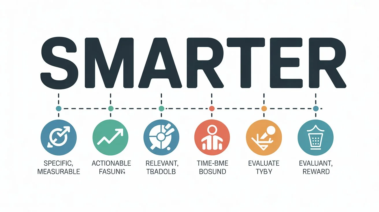 Infographic of the SMARTER Goal System showing each letter: S for Specific, M for Measurable, A for Achievable, R for Relevant, T for Time-bound, E for Evaluate, and R for Readjust, explaining how to set and track effective goals.