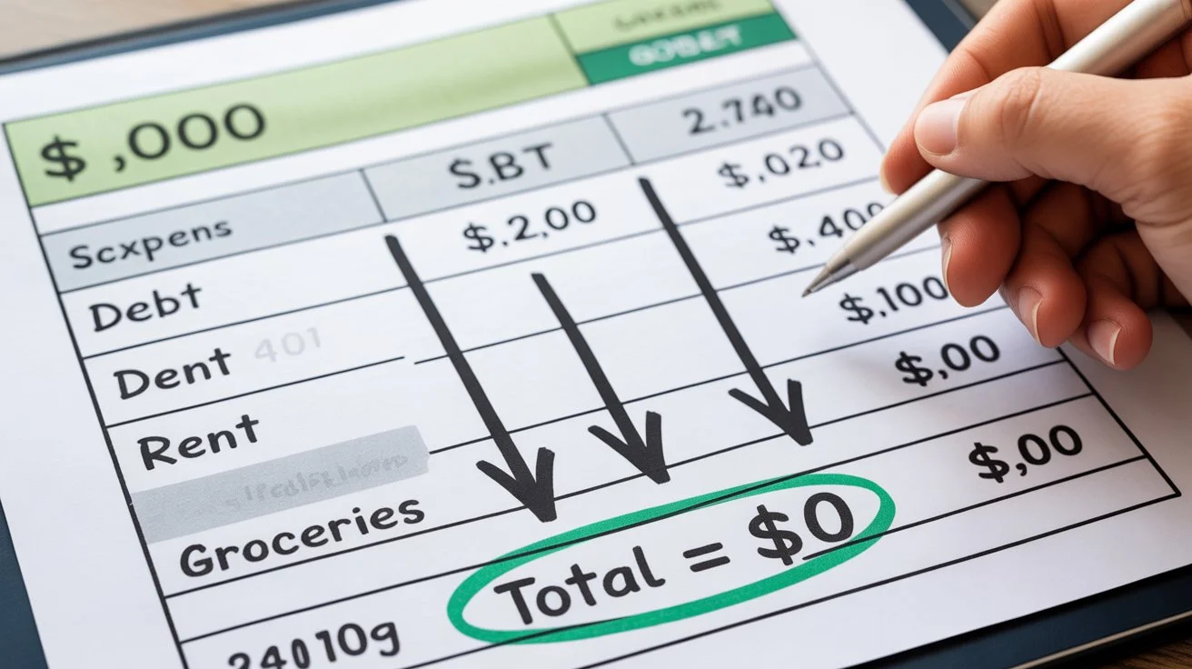 Zero-based budgeting worksheet showing expenses, debt, rent, groceries, and a total budget of zero dollars.