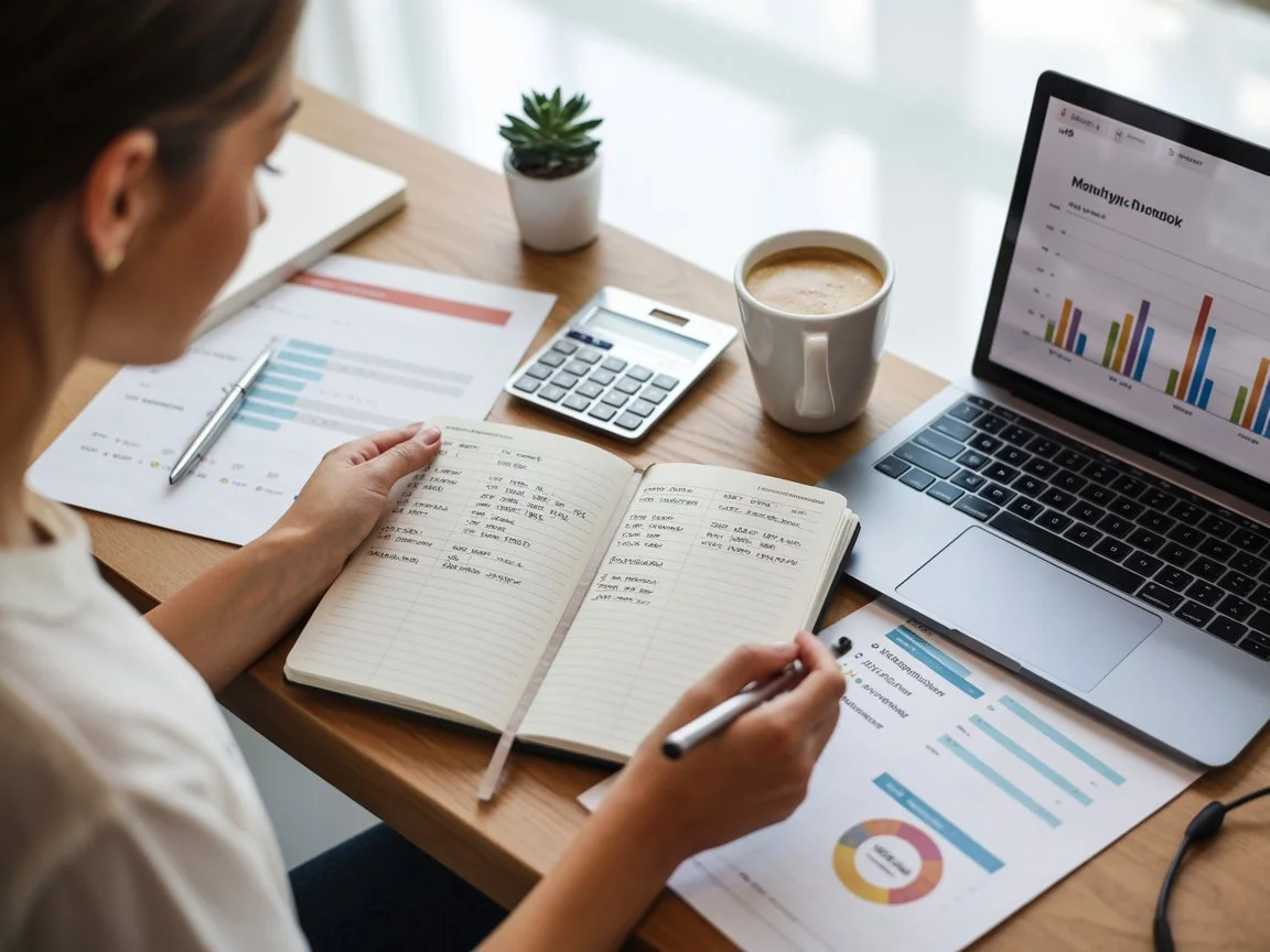 A person reviewing a monthly spending plan with a calculator and notebook, representing the importance of financial planning and budgeting.